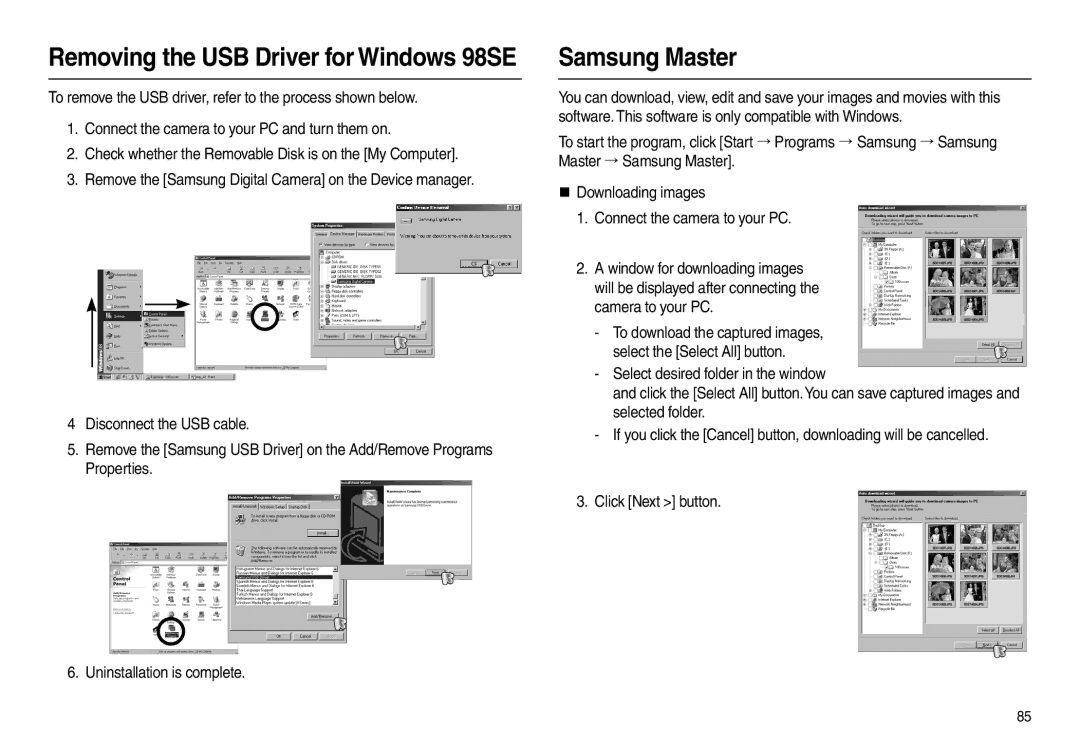 Samsung EC-L100ZRDA/AS, EC-L100ZUDA/E3, EC-L100ZSFA/FR, EC-L100ZUAA Removing the USB Driver for Windows 98SE, Samsung Master 