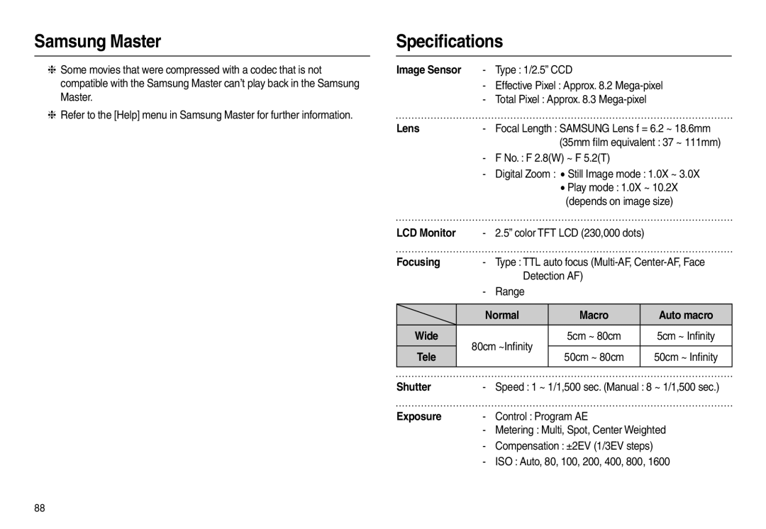 Samsung EC-L100ZSBA/IN, EC-L100ZUDA/E3, EC-L100ZSFA/FR, EC-L100ZBDA/E3, EC-L100ZUBA/E2, EC-L100ZBBA/FR manual Speciﬁcations 