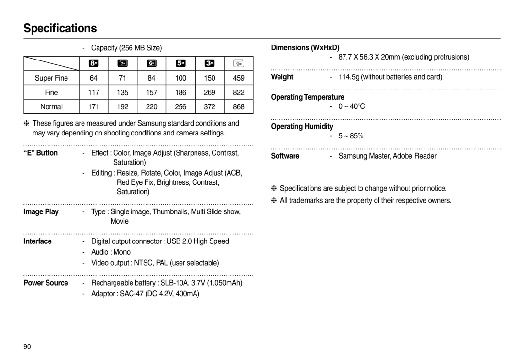 Samsung EC-L100ZSBA/TR manual Button, Image Play, Interface, Power Source, Dimensions WxHxD, Weight, Operating Temperature 