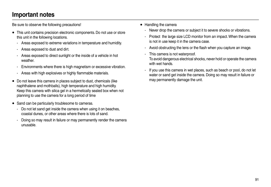 Samsung EC-L100ZSDA/AS, EC-L100ZUDA/E3, EC-L100ZSFA/FR Important notes, Sand can be particularly troublesome to cameras 