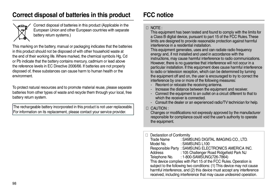 Samsung EC-L100ZRBA/AR, EC-L100ZUDA/E3, EC-L100ZSFA/FR Correct disposal of batteries in this product, FCC notice, „ Note 