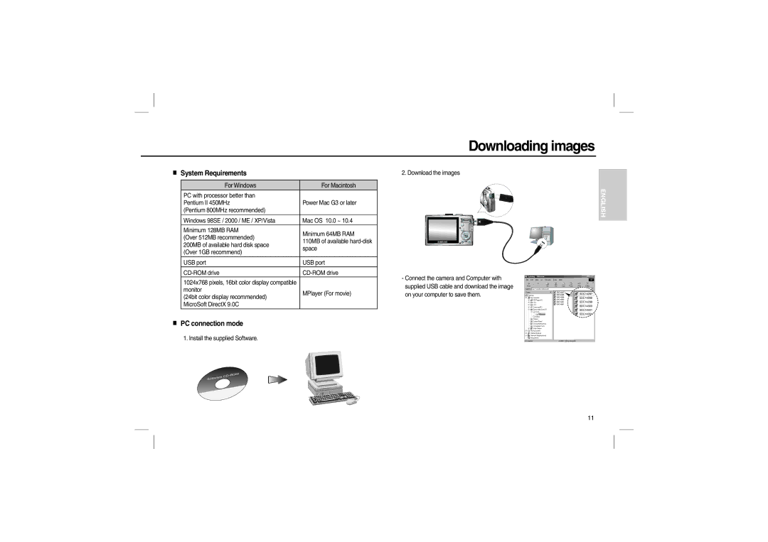 Samsung EC-L100ZUFA/FR, EC-L100ZUDA/E3, EC-L100ZSFA/FR manual Downloading images, System Requirements, PC connection mode 