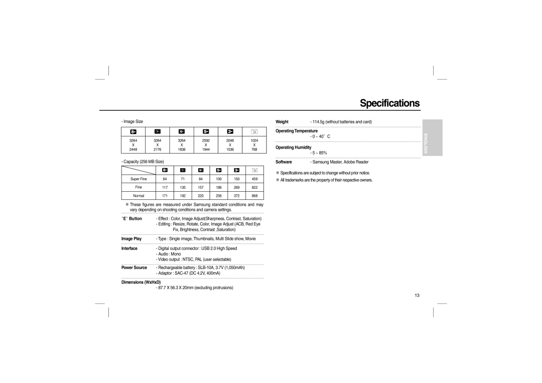 Samsung EC-L100ZPDA/E3 manual Button, Image Play, Interface, Power Source, Dimensions WxHxD, Weight, Operating Temperature 