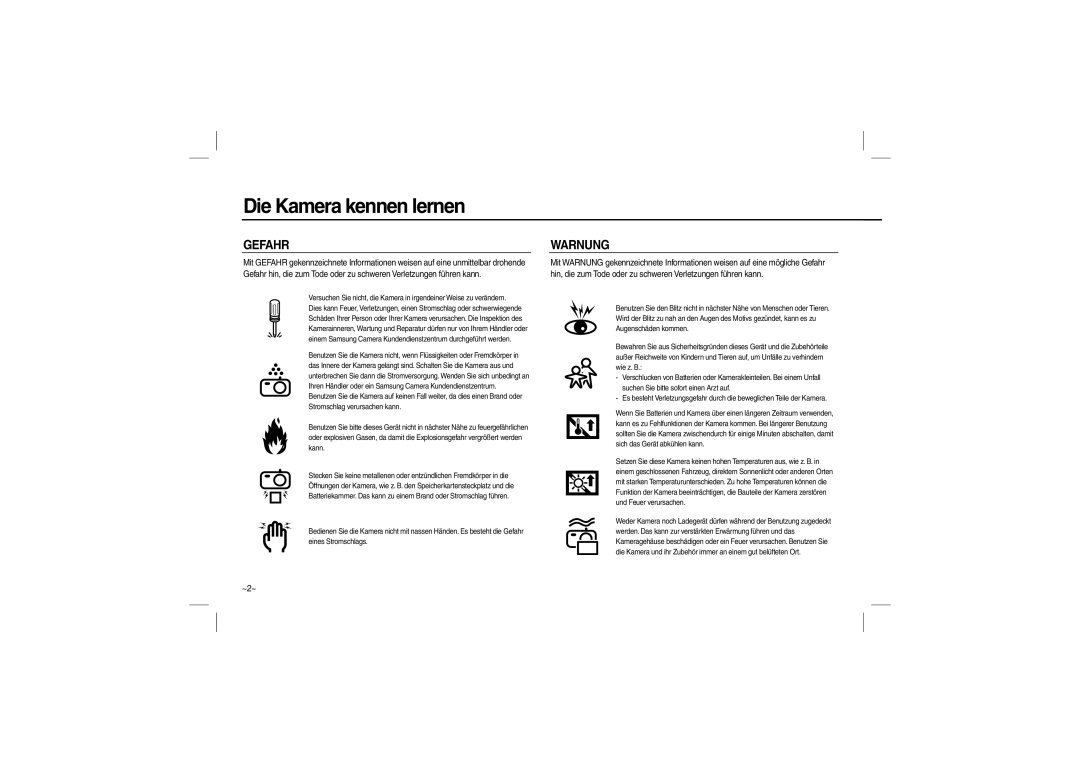 Samsung EC-L100ZBBA/E2, EC-L100ZUDA/E3, EC-L100ZSFA/FR, EC-L100ZBDA/E3, EC-L100ZUBA/E2, EC-L100ZBBA/FR manual Gefahr, Warnung 