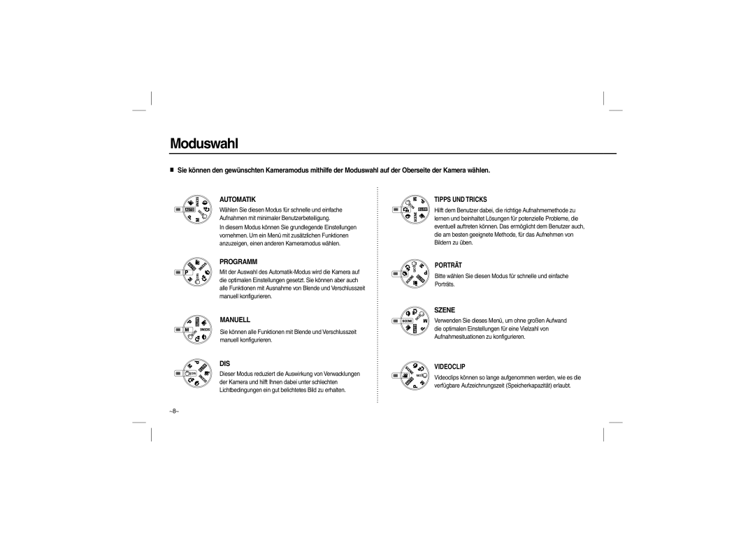 Samsung EC-L100ZBFA/IT, EC-L100ZUDA/E3, EC-L100ZSFA/FR, EC-L100ZBDA/E3, EC-L100ZUBA/E2, EC-L100ZBBA/FR Moduswahl, Automatik 