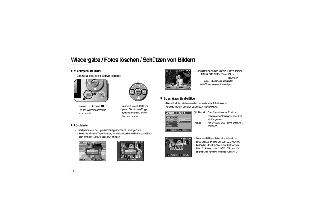 Samsung EC-L100ZRFB/IT, EC-L100ZUDA/E3, EC-L100ZSFA/FR manual Wiedergabe der Bilder, So schützen Sie die Bilder, Löschtaste 