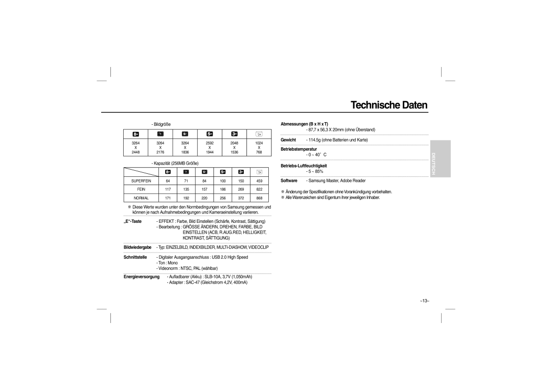 Samsung EC-L100ZBBA/E1 „E-Taste, Bildwiedergabe, Abmessungen B x H x T, Betriebstemperatur, Betriebs-Luftfeuchtigkeit 