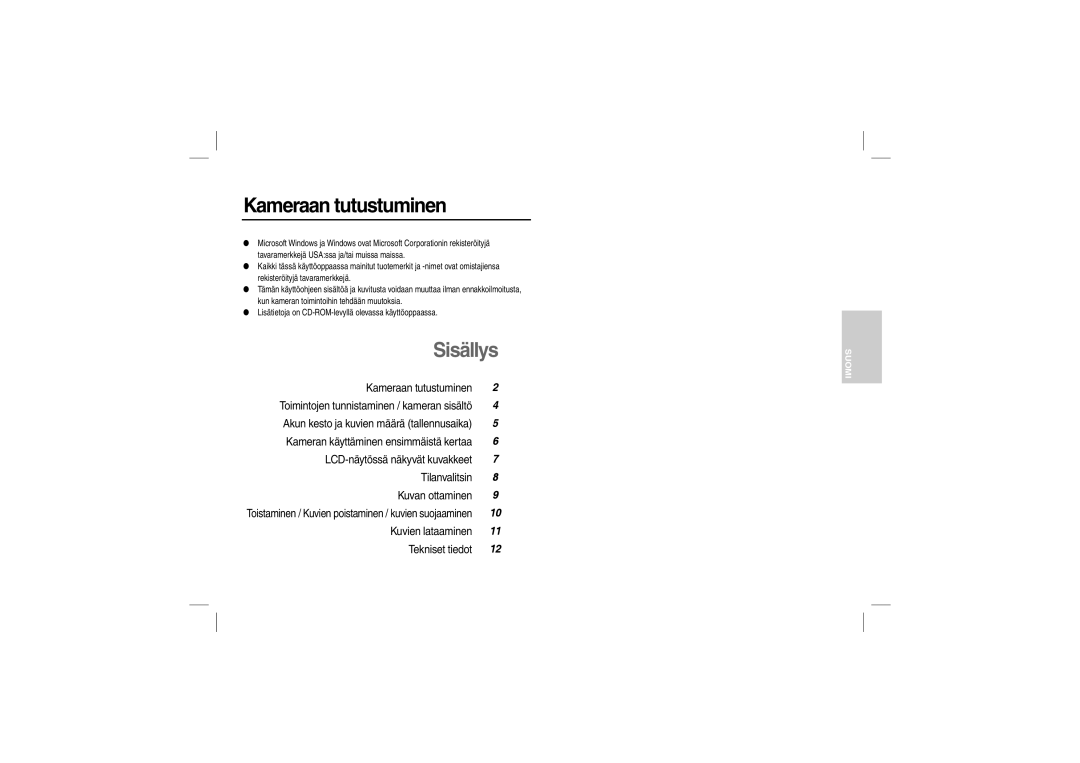 Samsung EC-L100ZUFB/IT, EC-L100ZUDA/E3, EC-L100ZSFA/FR, EC-L100ZBDA/E3, EC-L100ZUBA/E2 manual Kameraan tutustuminen, Sisällys 