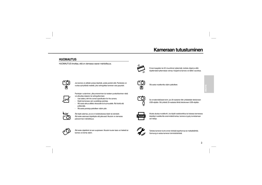 Samsung EC-L100ZSBB/E1, EC-L100ZUDA/E3, EC-L100ZSFA/FR manual Huomautus ilmoittaa, että on olemassa vaaran mahdollisuus 