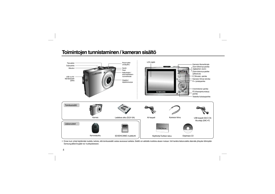 Samsung EC-L100ZPBC/E1, EC-L100ZUDA/E3, EC-L100ZSFA/FR manual Toimintojen tunnistaminen / kameran sisältö, Toimitussisältö 