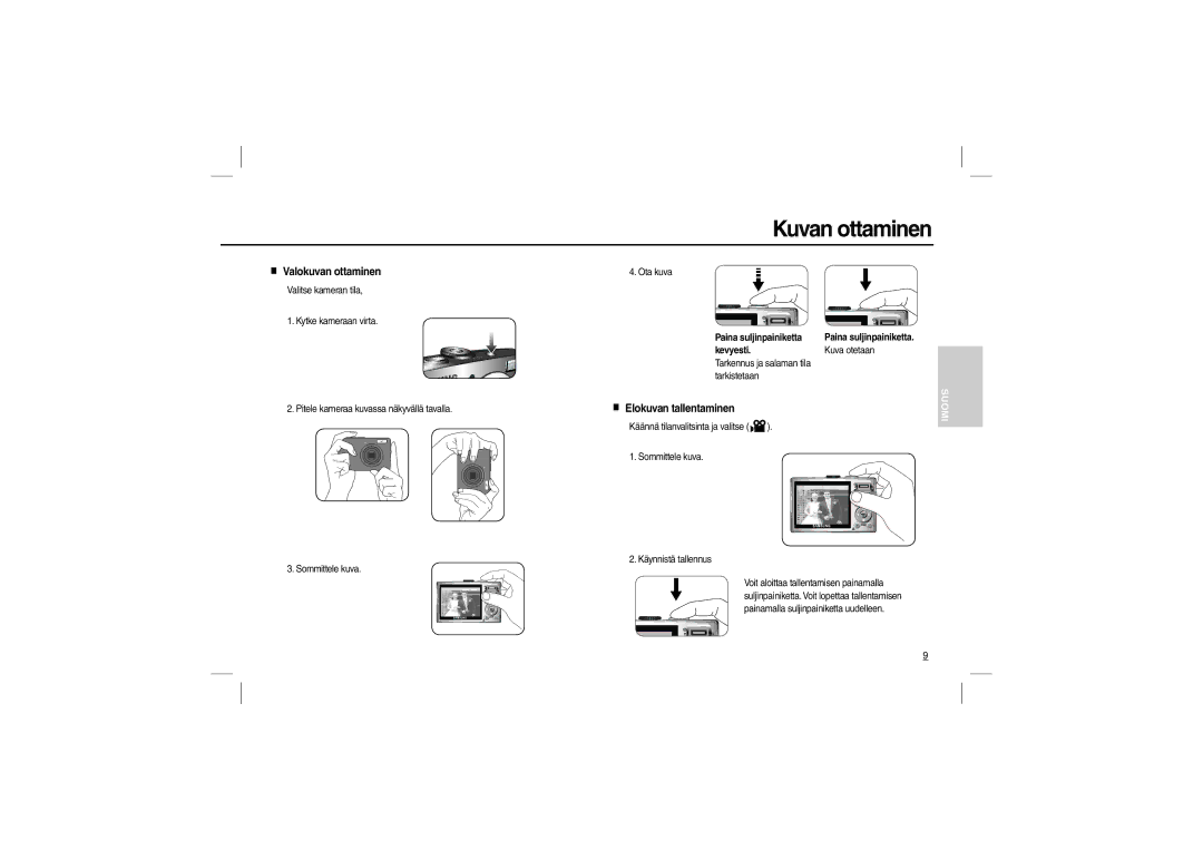 Samsung EC-L100ZSBA/IT manual Kuvan ottaminen, Valokuvan ottaminen, Elokuvan tallentaminen, Paina suljinpainiketta Kevyesti 