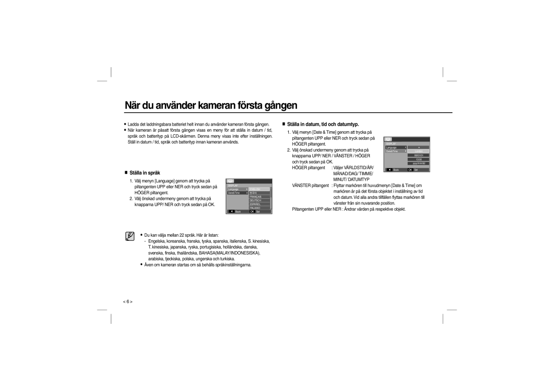 Samsung EC-L100ZRBA/AS manual När du använder kameran första gången, Ställa in datum, tid och datumtyp, Ställa in språk 