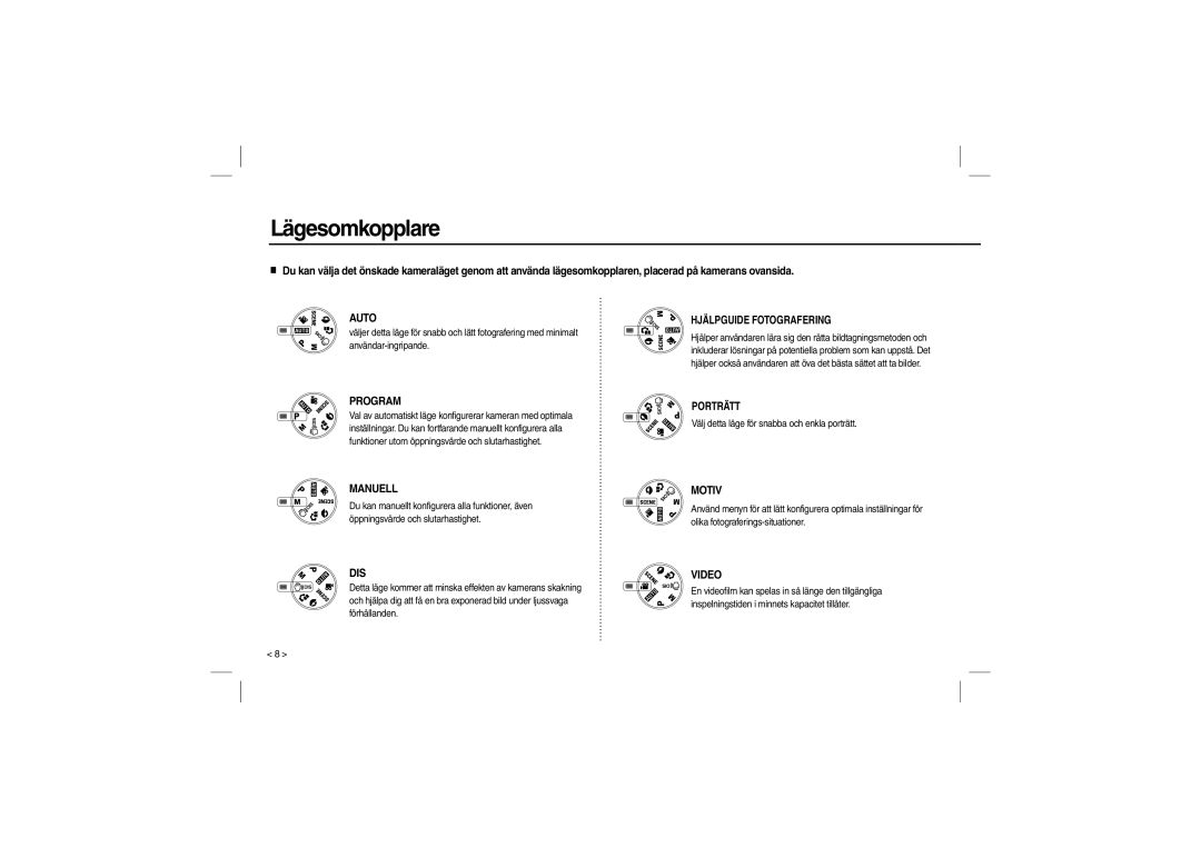 Samsung EC-L100ZSFE/ZA, EC-L100ZUDA/E3, EC-L100ZSFA/FR manual Lägesomkopplare, Välj detta läge för snabba och enkla porträtt 