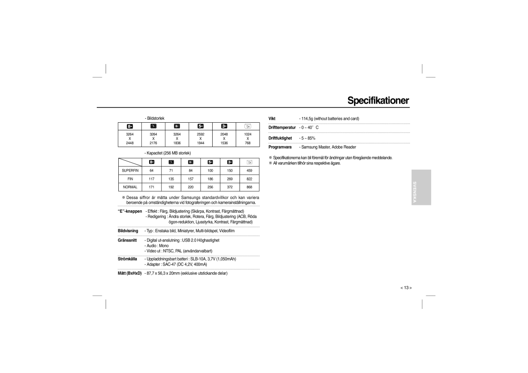 Samsung EC-L100ZBFA/E1, EC-L100ZUDA/E3, EC-L100ZSFA/FR, EC-L100ZBDA/E3 Vikt, Drifttemperatur, Driftfuktighet, Programvara 