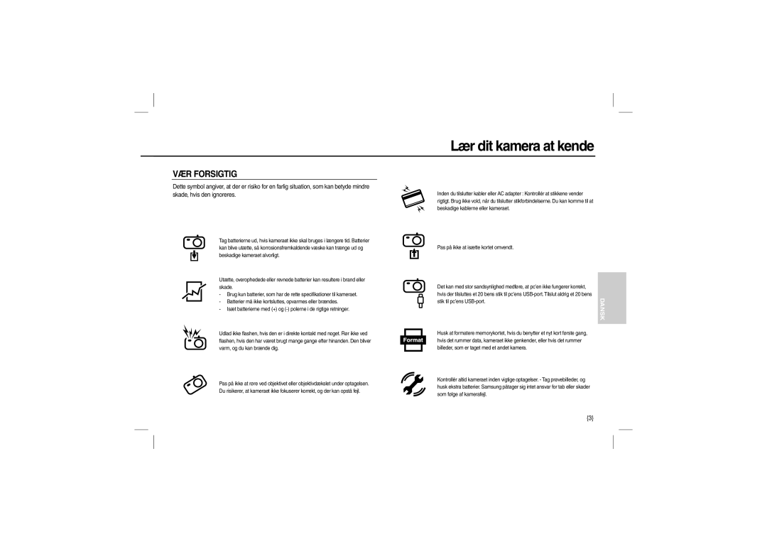 Samsung EC-L100ZRDB/AS, EC-L100ZUDA/E3, EC-L100ZSFA/FR, EC-L100ZBDA/E3, EC-L100ZUBA/E2, EC-L100ZBBA/FR manual VÆR Forsigtig 