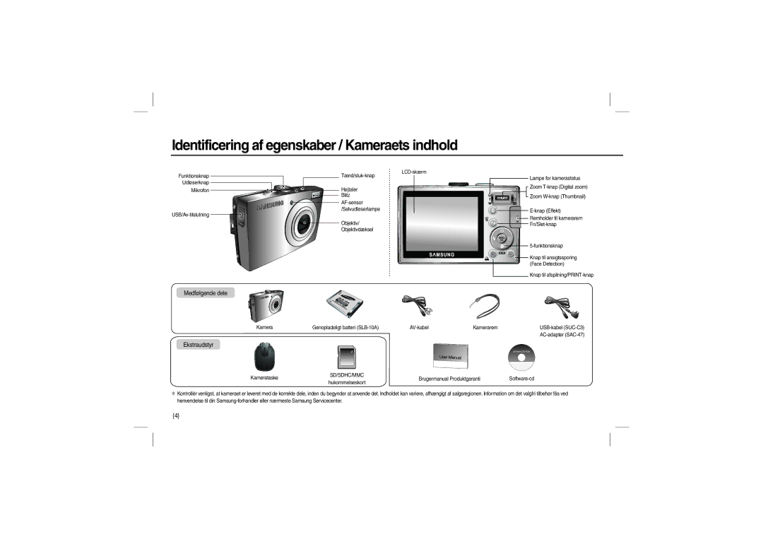 Samsung EC-L100ZRFB/AS, EC-L100ZUDA/E3 Identificering af egenskaber / Kameraets indhold, Medfølgende dele, Ekstraudstyr 