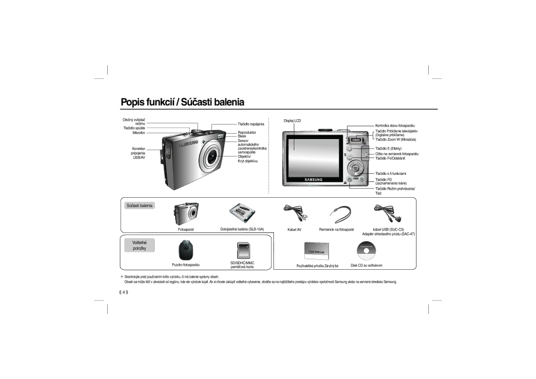 Samsung EC-L100ZUBA/TR, EC-L100ZUDA/E3, EC-L100ZSFA/FR, EC-L100ZBDA/E3, EC-L100ZUBA/E2 manual Popis funkcií / Súčasti balenia 