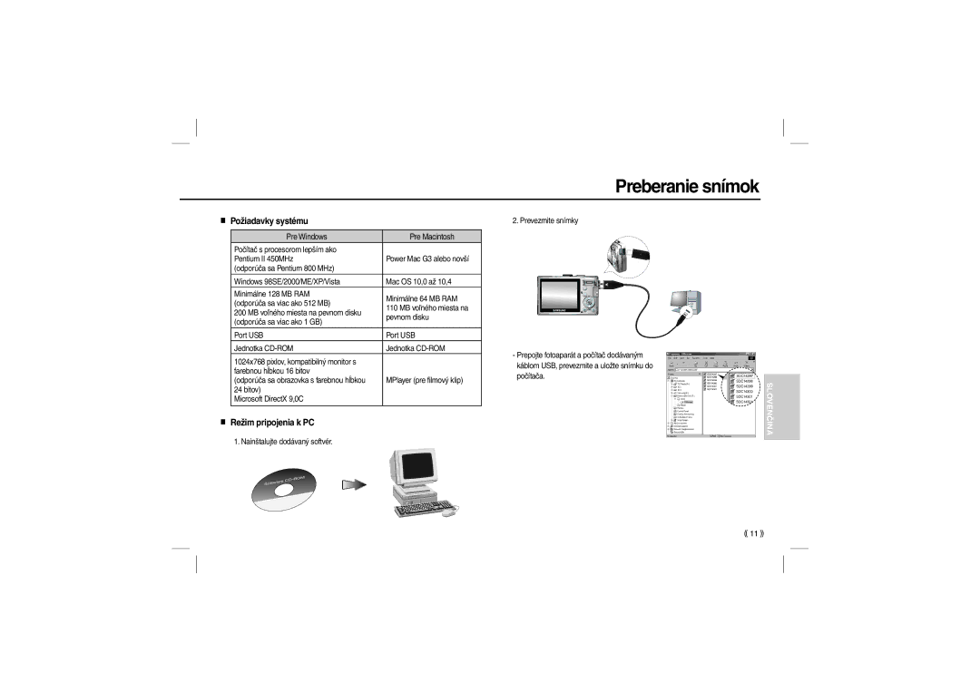 Samsung EC-L100ZBBA/MX, EC-L100ZUDA/E3, EC-L100ZSFA/FR manual Preberanie snímok, Požiadavky systému, Režim pripojenia k PC 