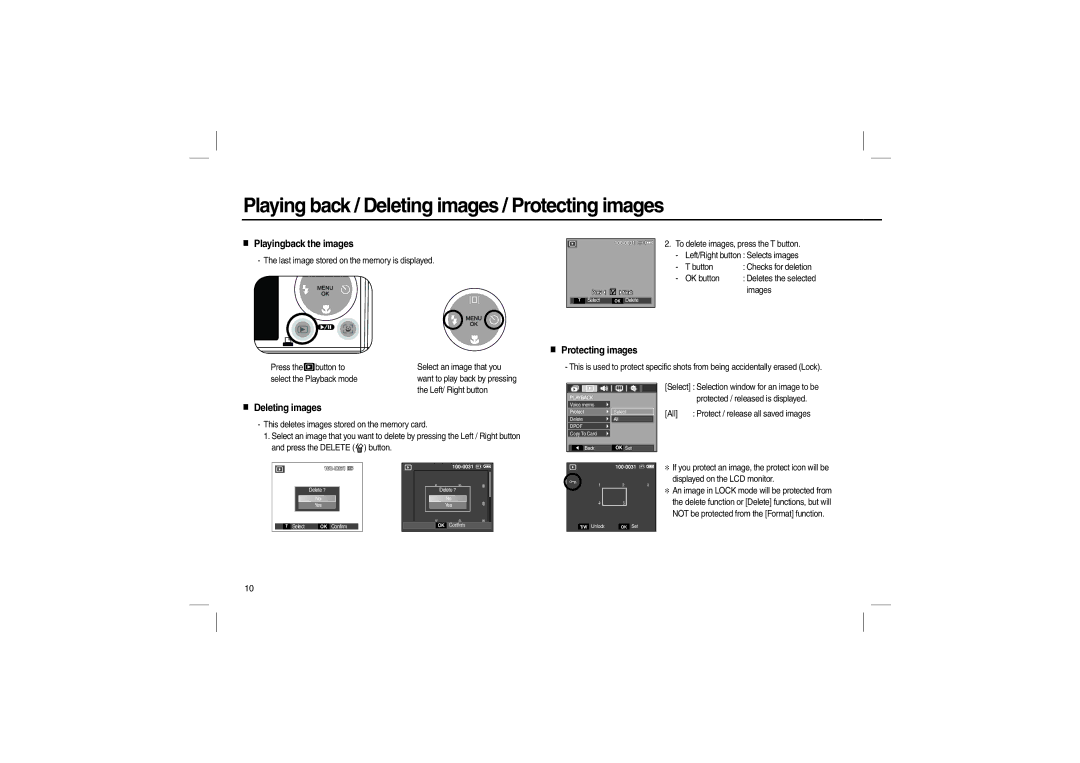 Samsung EC-L100ZRBA/E2, EC-L100ZUDA/E3, EC-L100ZSFA/FR manual Playingback the images, Protecting images, Deleting images 