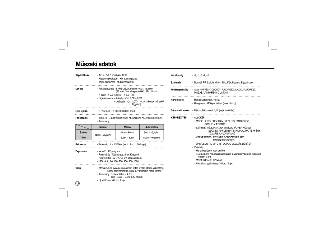 Samsung EC-L100ZBBA/IN, EC-L100ZUDA/E3, EC-L100ZSFA/FR, EC-L100ZBDA/E3, EC-L100ZUBA/E2, EC-L100ZBBA/FR manual Műszaki adatok 