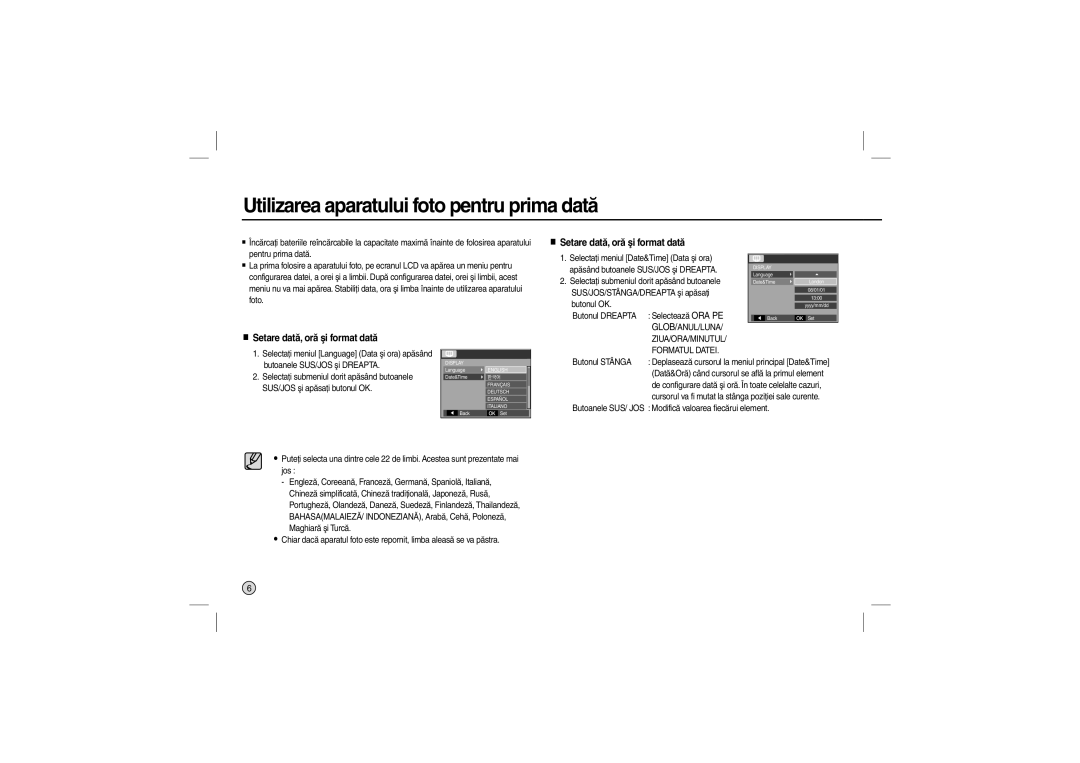 Samsung EC-L100ZUBA/CA, EC-L100ZUDA/E3 manual Utilizarea aparatului foto pentru prima dată, Setare dată, oră şi format dată 