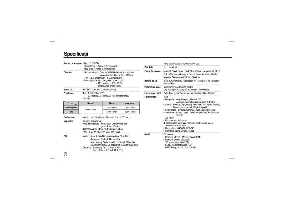 Samsung EC-L100ZGBA/US manual Specificaţii, Compensare ±2EV în trepte de 1/3EV, Negativ, Culoare deﬁnită de utilizator 