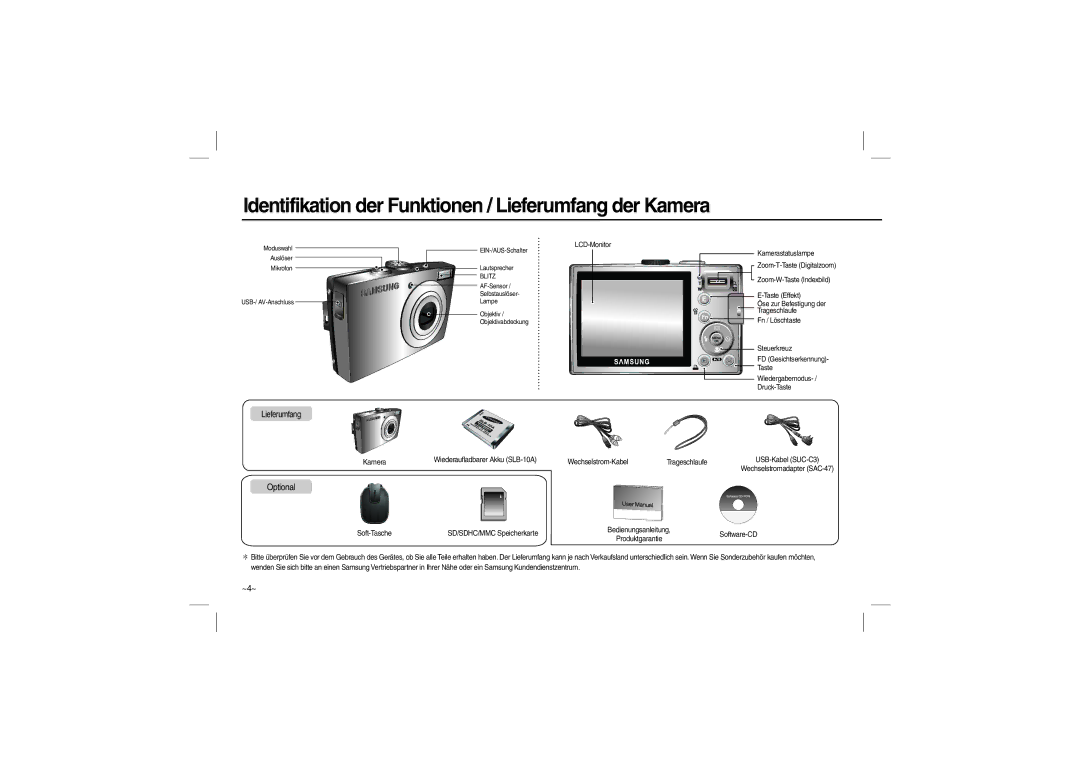 Samsung EC-L100ZPBB/E1, EC-L100ZUDA/E3, EC-L100ZSFA/FR manual Identifikation der Funktionen / Lieferumfang der Kamera, ~4~ 