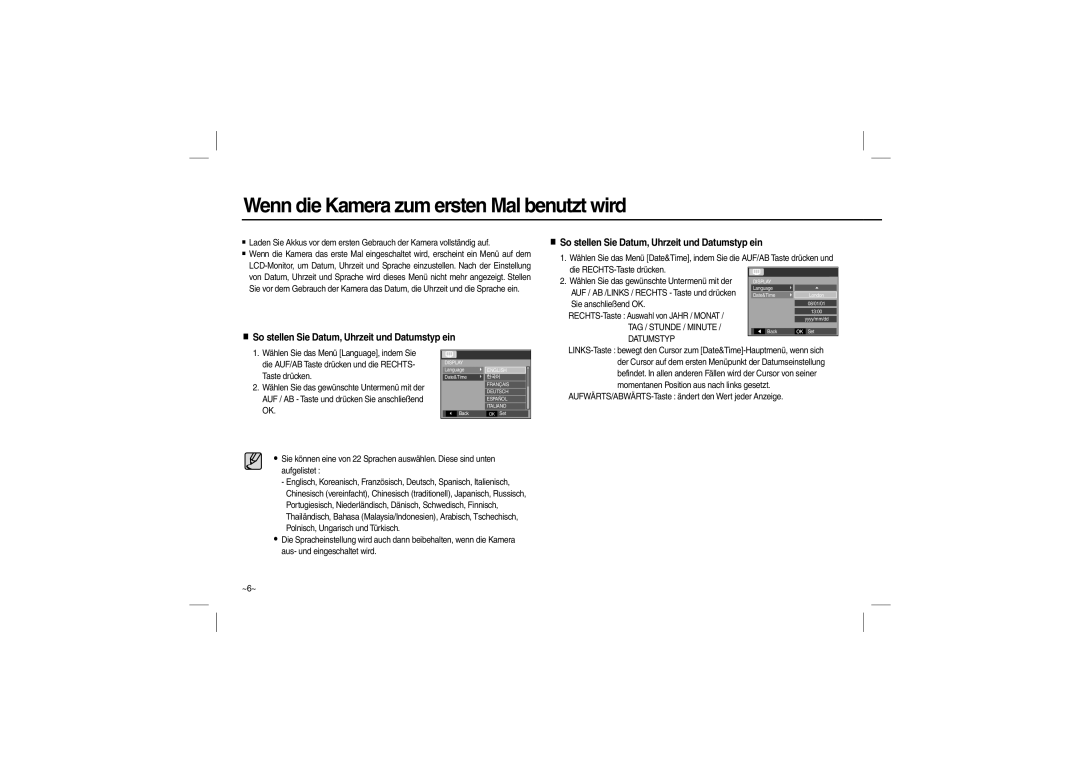 Samsung EC-L100ZSBA/E1 Wenn die Kamera zum ersten Mal benutzt wird, So stellen Sie Datum, Uhrzeit und Datumstyp ein, ~6~ 