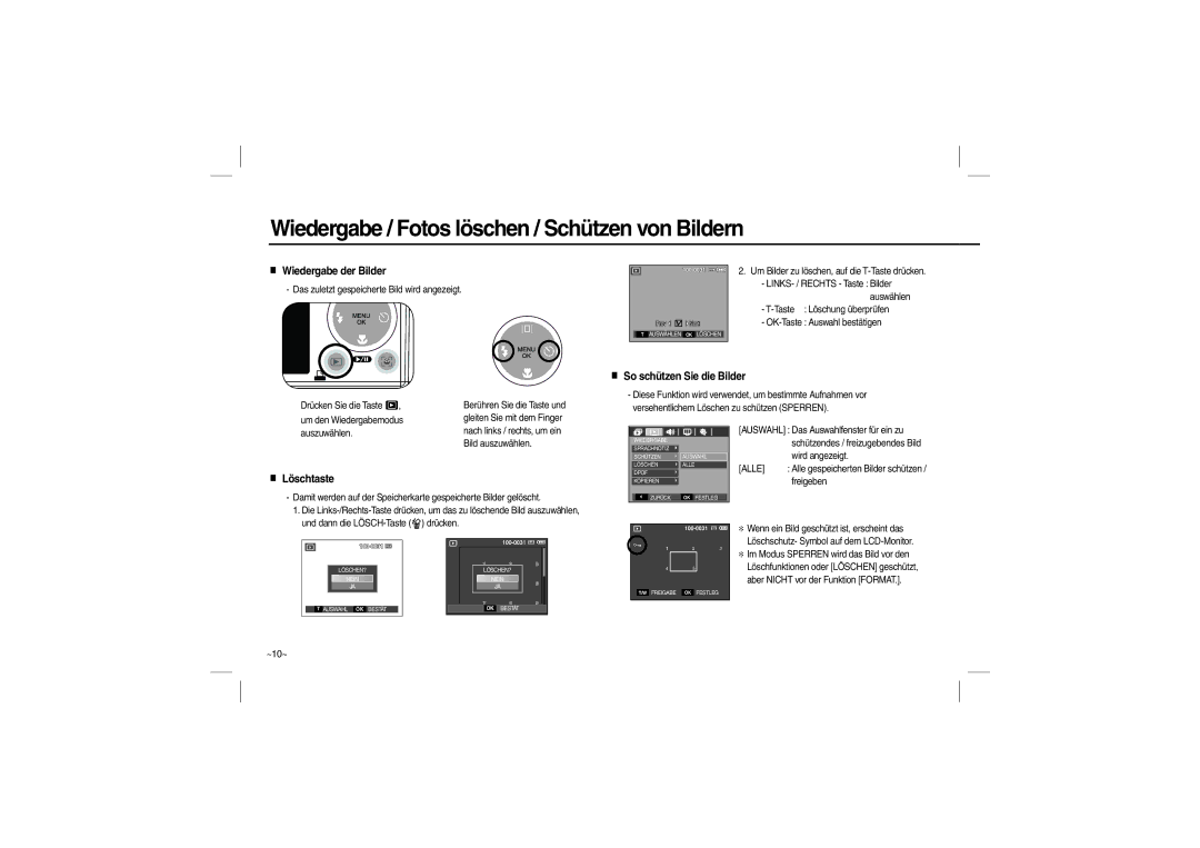 Samsung EC-L100ZRFB/IT, EC-L100ZUDA/E3, EC-L100ZSFA/FR Wiedergabe der Bilder, So schützen Sie die Bilder, Löschtaste, ~10~ 