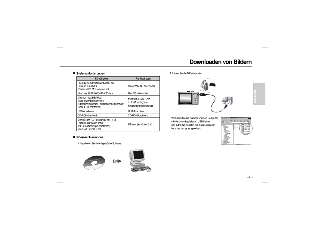 Samsung EC-L100ZUFA/IT, EC-L100ZUDA/E3, EC-L100ZSFA/FR Downloaden von Bildern, Systemanforderungen, PC-Anschlussmodus, ~11~ 