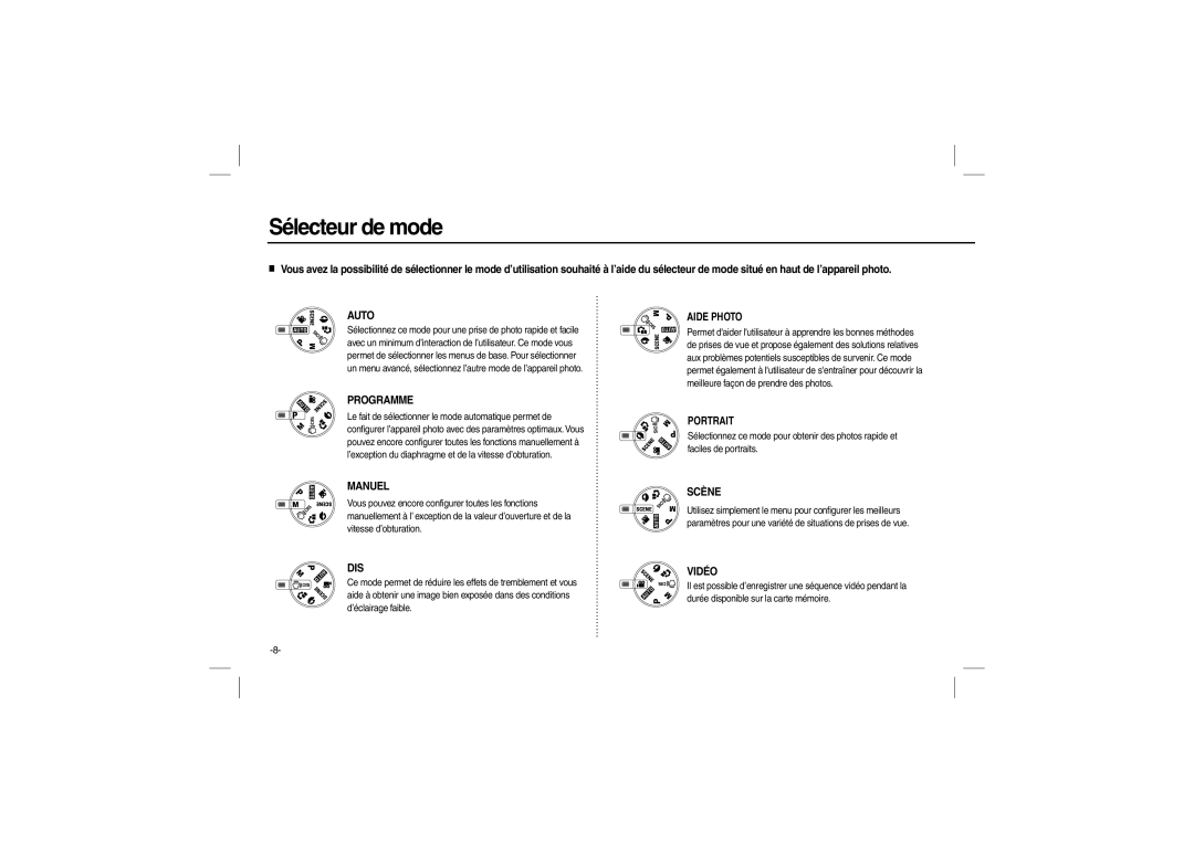 Samsung EC-L100ZSFA/IT, EC-L100ZUDA/E3, EC-L100ZSFA/FR, EC-L100ZBDA/E3, EC-L100ZUBA/E2 manual Sélecteur de mode, Programme 