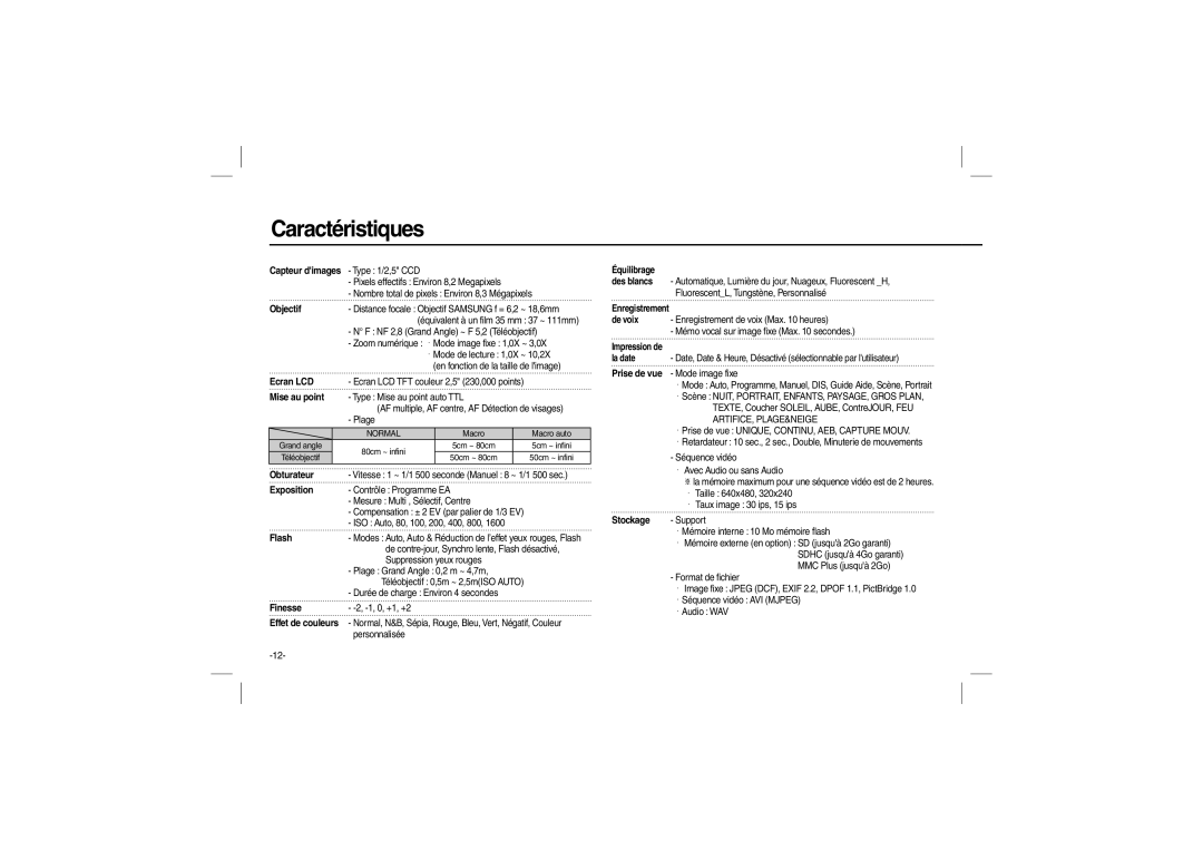 Samsung EC-L100ZBBA/IT, EC-L100ZUDA/E3, EC-L100ZSFA/FR, EC-L100ZBDA/E3, EC-L100ZUBA/E2, EC-L100ZBBA/FR manual Caractéristiques 