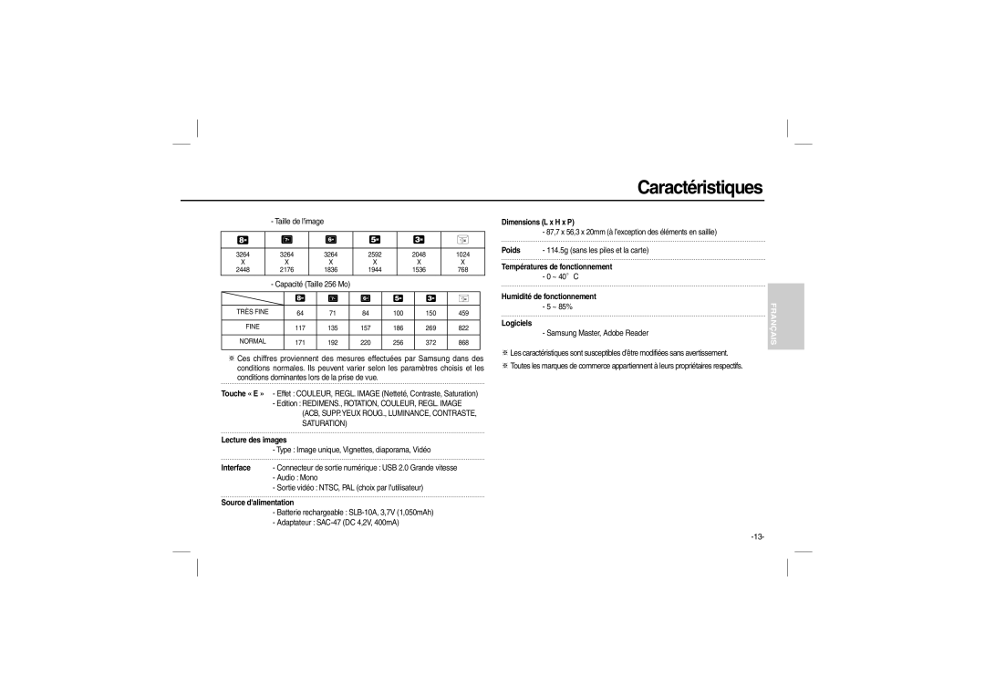 Samsung EC-L100ZPFE/ZA, EC-L100ZUDA/E3 manual Lecture des images, Source dalimentation, Dimensions L x H x P, Logiciels 