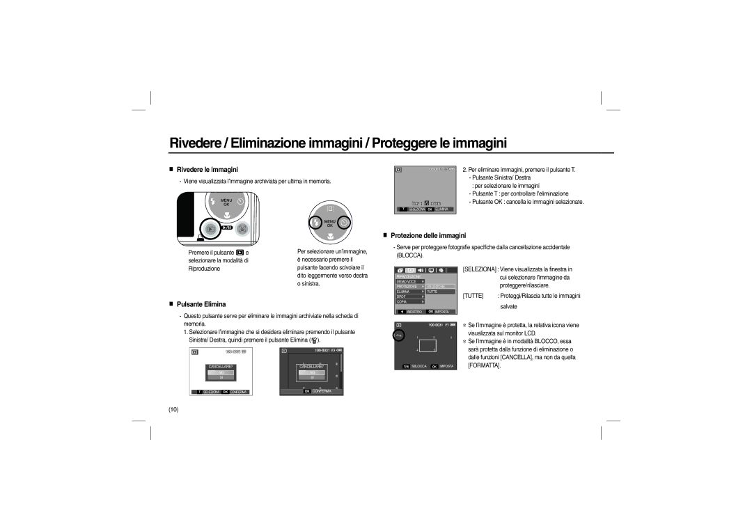 Samsung EC-L100ZPFC/E1 Rivedere / Eliminazione immagini / Proteggere le immagini, Rivedere le immagini, Pulsante Elimina 