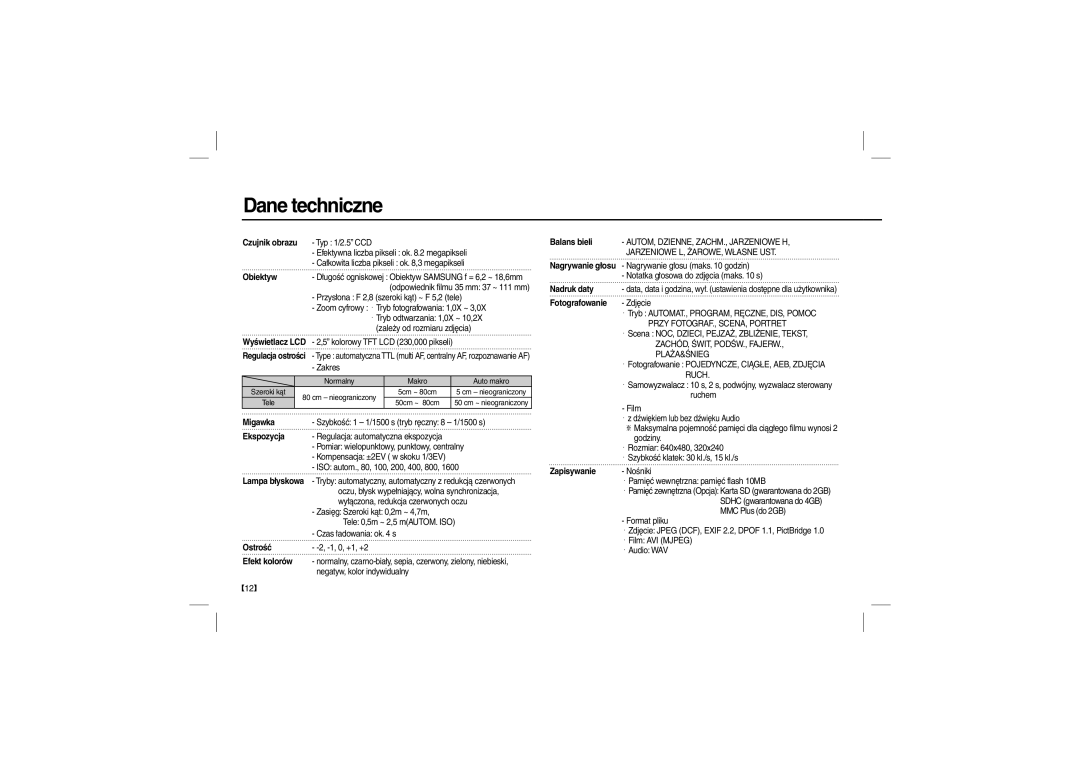 Samsung EC-L100ZPBA/AU, EC-L100ZUDA/E3, EC-L100ZSFA/FR, EC-L100ZBDA/E3, EC-L100ZUBA/E2, EC-L100ZBBA/FR manual Dane techniczne 