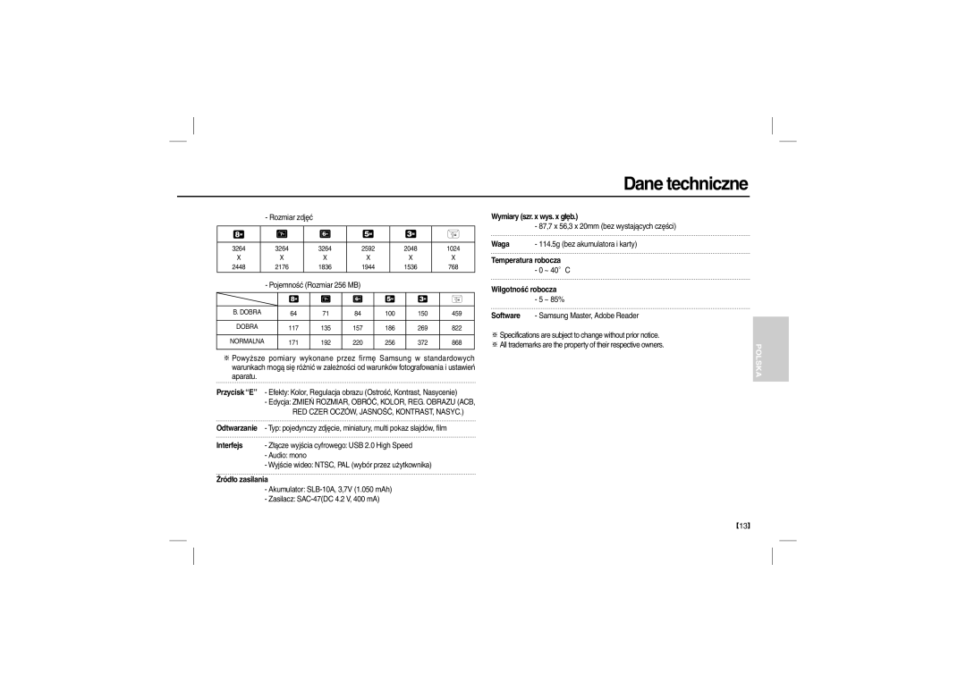 Samsung EC-L100ZPBA/MX, EC-L100ZUDA/E3 manual Interfejs, Źródło zasilania, Wymiary szr. x wys. x głęb, Wilgotność robocza 