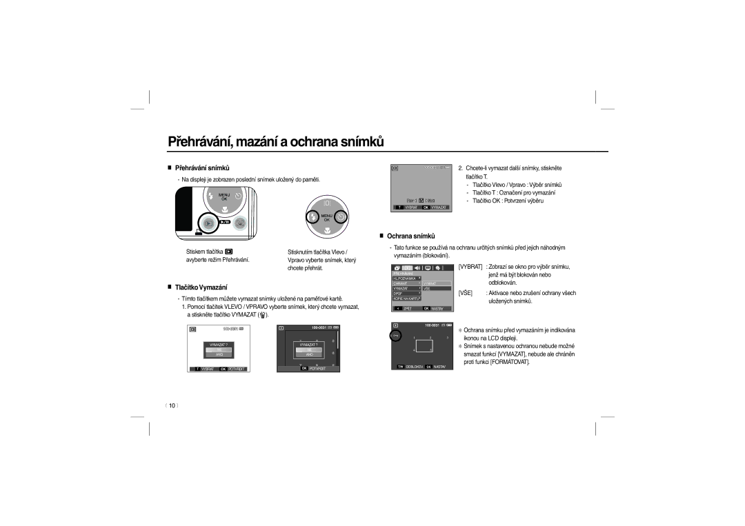 Samsung EC-L100ZSBA/TR, EC-L100ZUDA/E3, EC-L100ZSFA/FR manual Přehrávání snímků, Ochrana snímků, Tlačítko Vymazání, Vše 