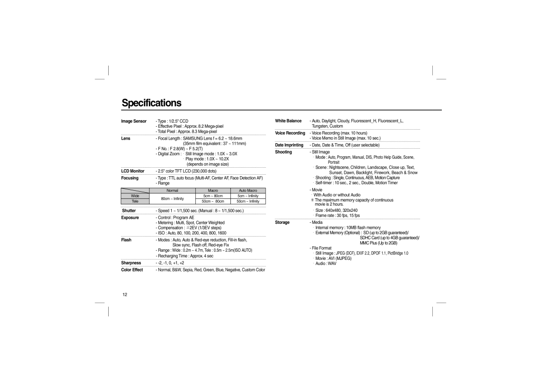 Samsung EC-L100ZRFA/FR, EC-L100ZUDA/E3, EC-L100ZSFA/FR, EC-L100ZBDA/E3, EC-L100ZUBA/E2, EC-L100ZBBA/FR manual Specifications 