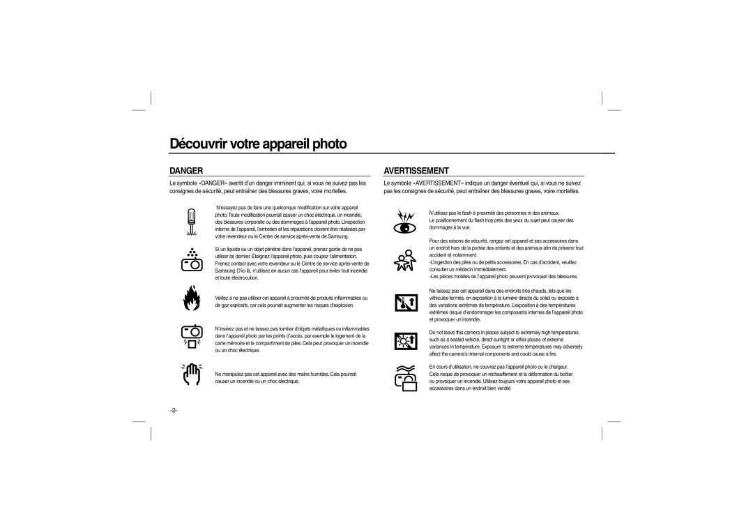 Samsung EC-L100ZBBA/E2, EC-L100ZUDA/E3, EC-L100ZSFA/FR, EC-L100ZBDA/E3, EC-L100ZUBA/E2, EC-L100ZBBA/FR manual Avertissement 