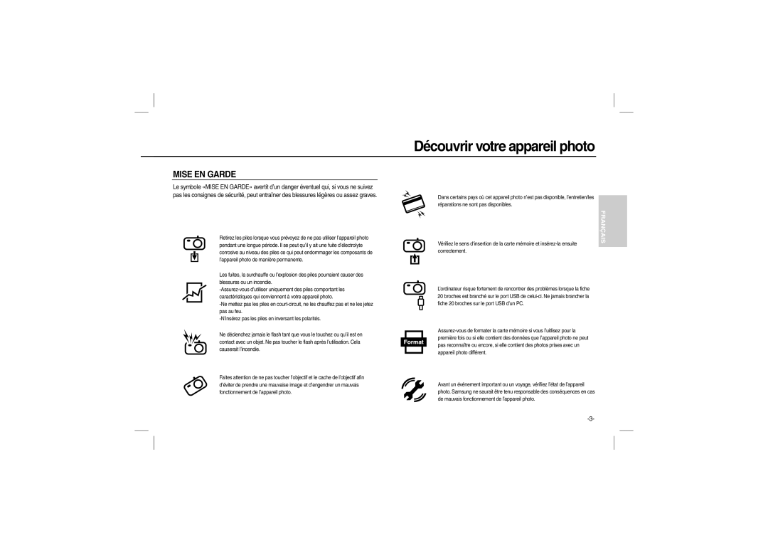 Samsung EC-L100ZPFA/IT, EC-L100ZUDA/E3, EC-L100ZSFA/FR, EC-L100ZBDA/E3, EC-L100ZUBA/E2, EC-L100ZBBA/FR manual Mise EN Garde 