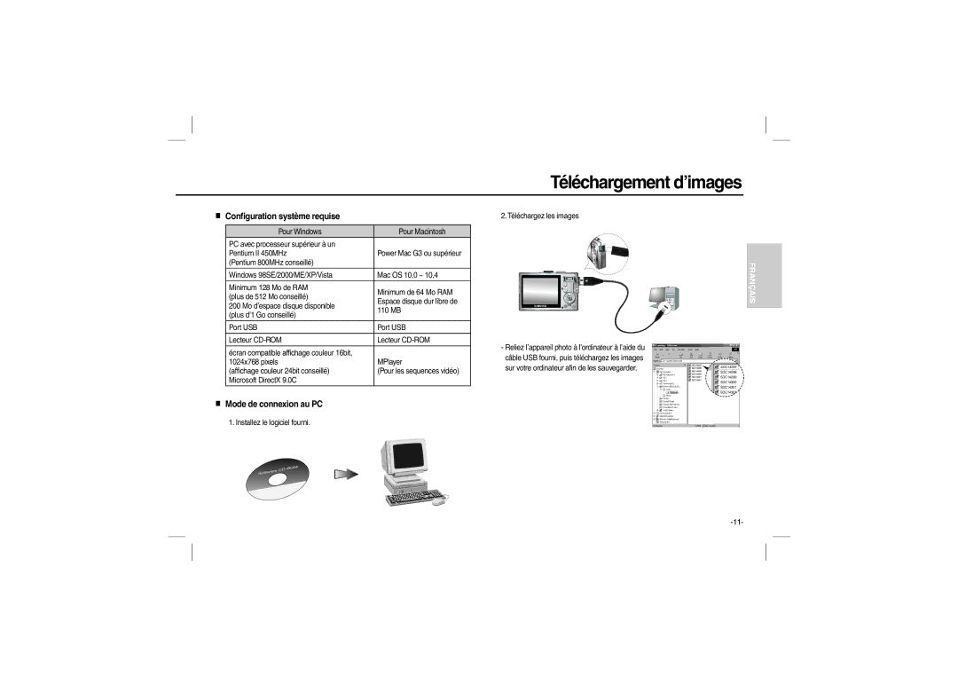 Samsung EC-L100ZUFA/IT, EC-L100ZUDA/E3 Téléchargement d’images, Configuration système requise, Mode de connexion au PC 