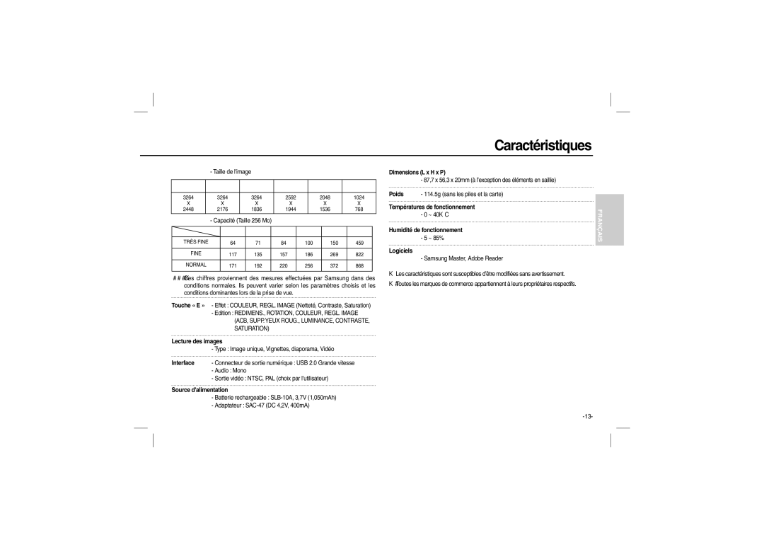 Samsung EC-L100ZBBA/E1, EC-L100ZUDA/E3, EC-L100ZUAA Lecture des images, Source dalimentation, Dimensions L x H x P, Poids 