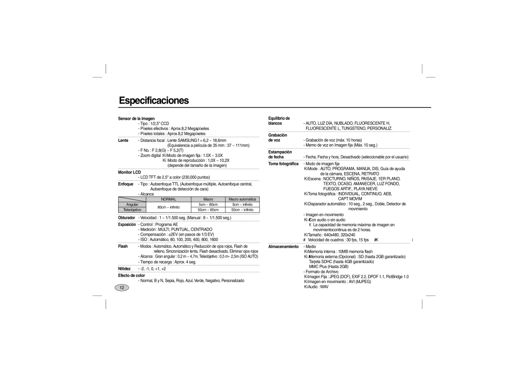 Samsung EC-L100ZBBA/IT, EC-L100ZUDA/E3, EC-L100ZSFA/FR, EC-L100ZBDA/E3, EC-L100ZUBA/E2, EC-L100ZBBA/FR manual Especificaciones 