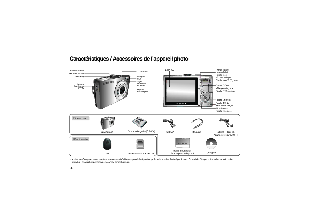 Samsung EC-L100ZPBB/E1, EC-L100ZUDA/E3, EC-L100ZSFA/FR, EC-L100ZBDA/E3 Caractéristiques / Accessoires de l’appareil photo 