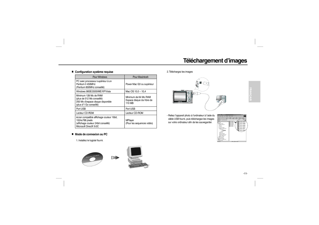 Samsung EC-L100ZUFA/IT, EC-L100ZUDA/E3 Téléchargement d’images, Configuration système requise, Mode de connexion au PC 