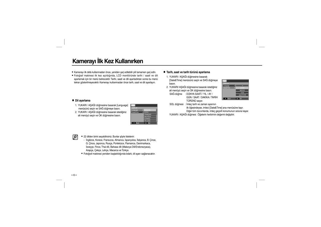 Samsung EC-L100ZBFB/IT, EC-L100ZUDA/E3, EC-L100ZSFA/FR, EC-L100ZBDA/E3 manual Kamerayı İlk Kez Kullanırken, Dil ayarlama 