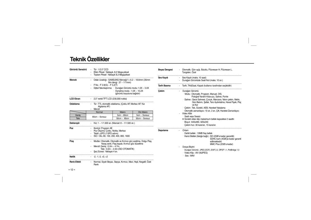 Samsung EC-L100ZBBA/IT, EC-L100ZUDA/E3, EC-L100ZSFA/FR, EC-L100ZBDA/E3, EC-L100ZUBA/E2, EC-L100ZUAA Teknik Özellikler, Mercek 