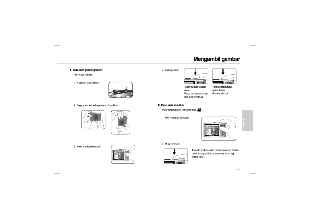 Samsung EC-L100ZUBA/MX, EC-L100ZUDA/E3, EC-L100ZSFA/FR manual Mengambil gambar, Cara mengambil gambar, Cara merekam film 