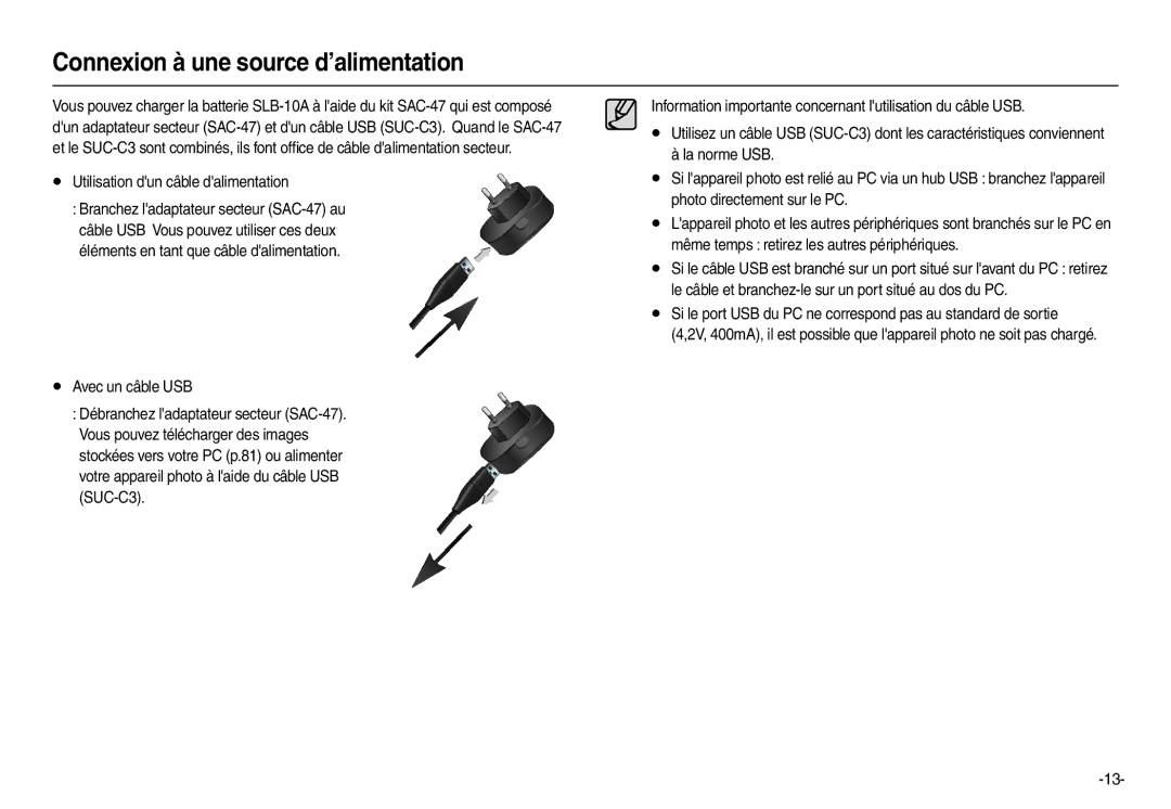 Samsung EC-L100ZPDA/E3, EC-L100ZUDA/E3, EC-L100ZSFA/FR manual Utilisation dun câble dalimentation, Avec un câble USB 