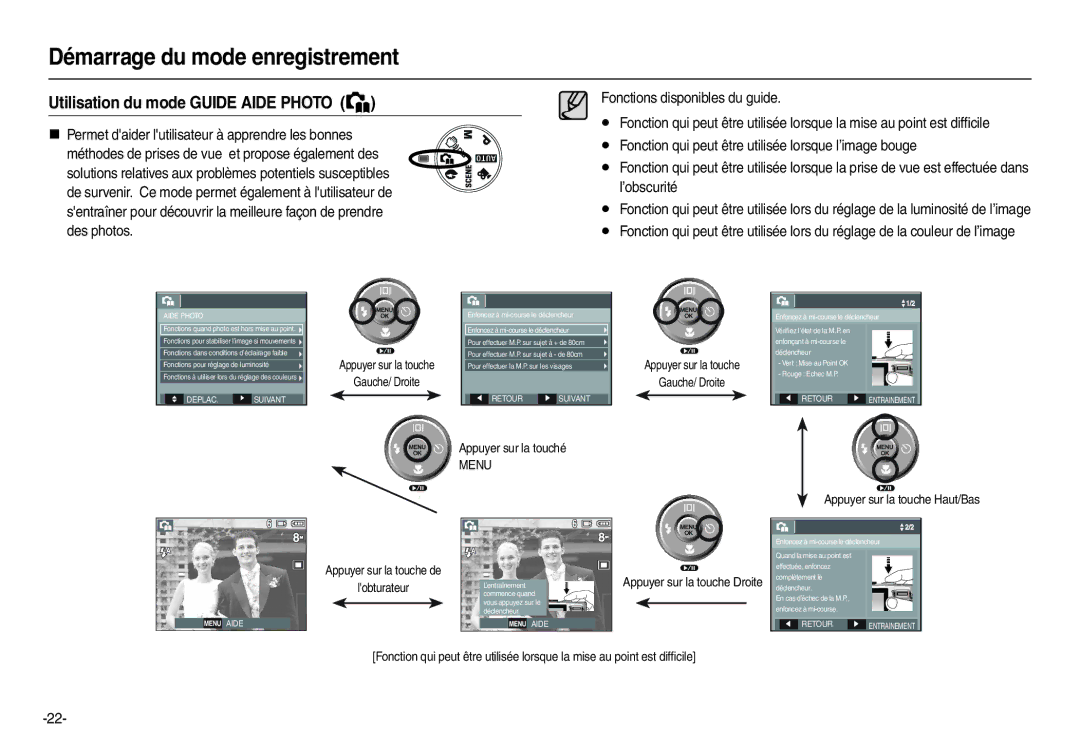 Samsung EC-L100ZUBA/E2, EC-L100ZUDA/E3, EC-L100ZSFA/FR, EC-L100ZBDA/E3, EC-L100ZBBA/FR Utilisation du mode Guide Aide Photo 